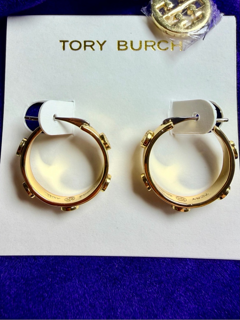 NWOT Tory Burch Gold Tone Logo Embellished Hoop Earrings, TB Jewelry Pouch
